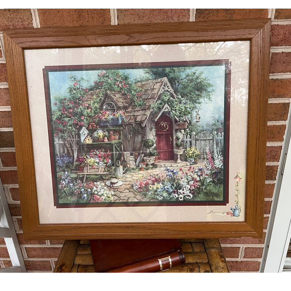 Vintage Home Interiors Print Country Garden Cottage Shed Flowers B. Mock RARE